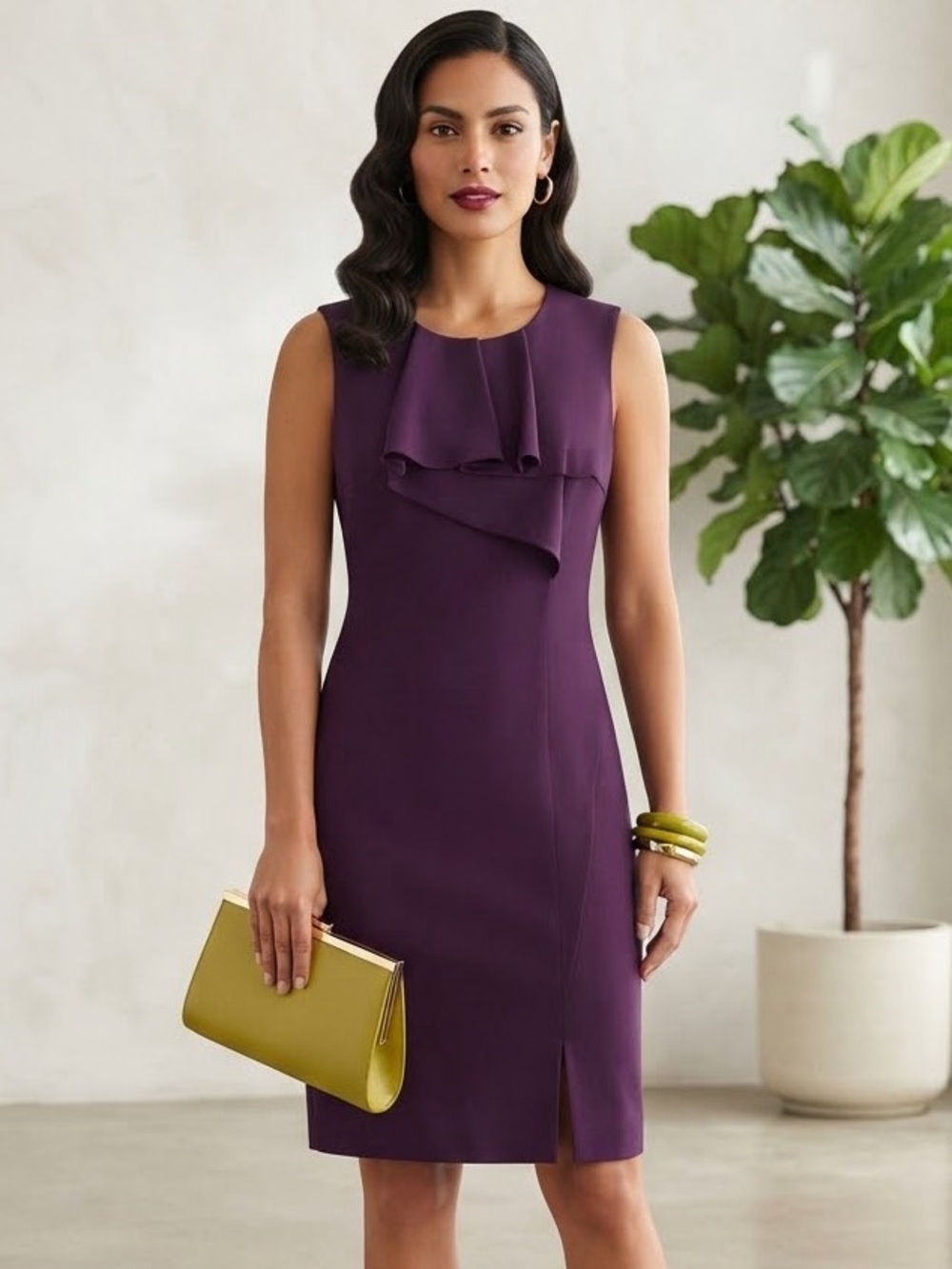 NWT Calvin Klein Cut Currant Purple Ruffle Sheath Dress Size 8 Cocktail Workwear